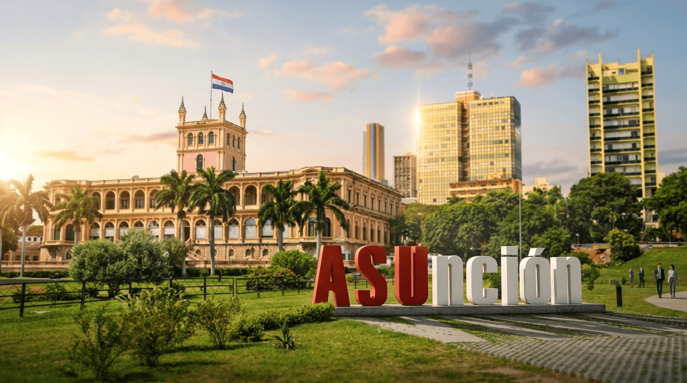 Wide view of Asunción at golden hour with the Río Paraguay visible.