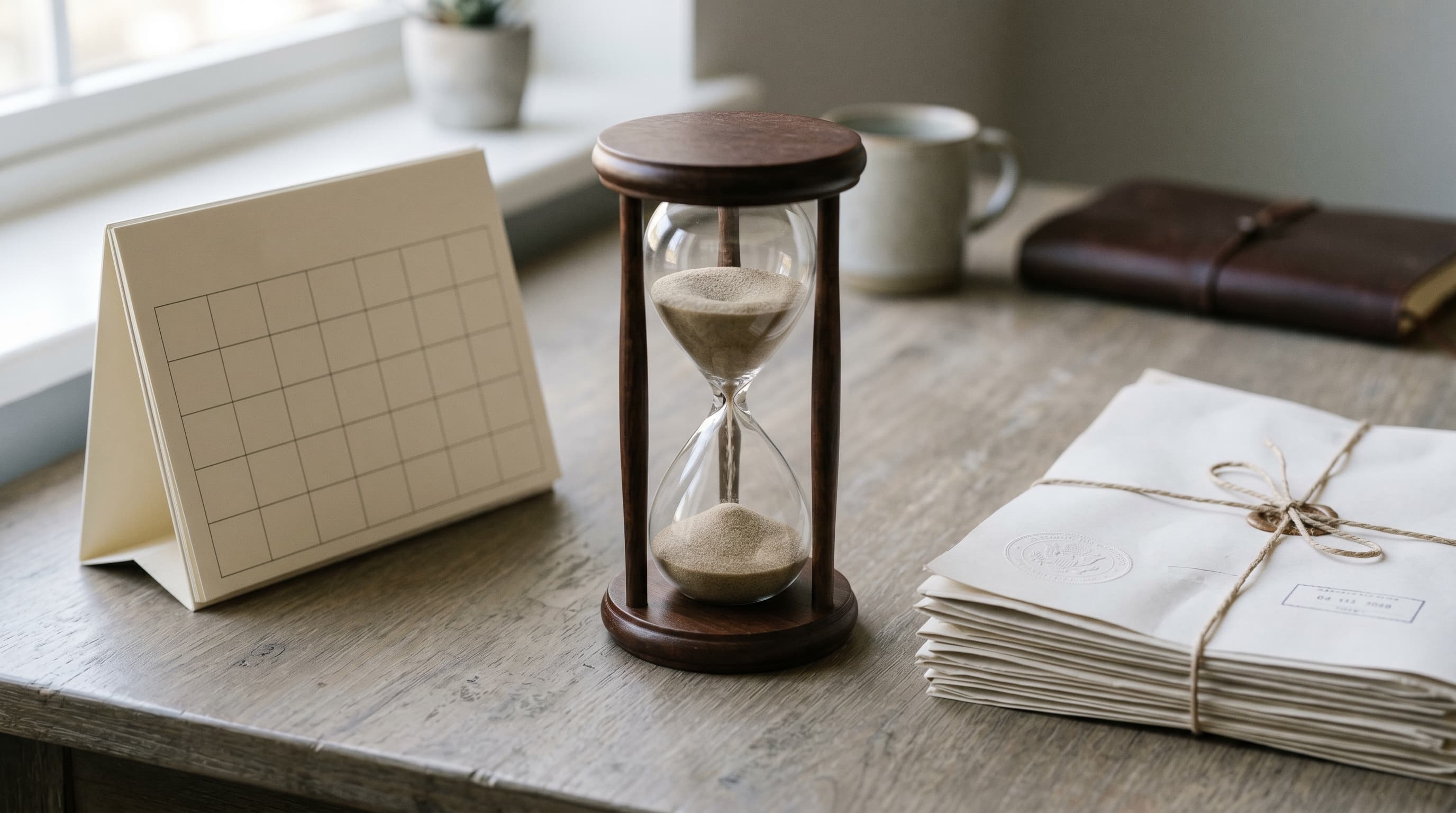 An hourglass, a desk calendar, and a stack of stamped documents on a muted desk illustrating a residency timeline