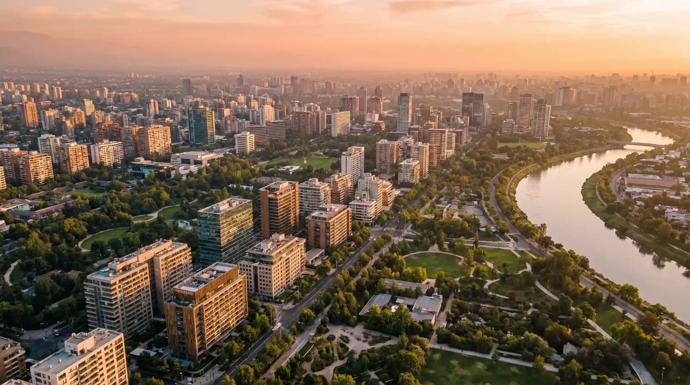 Aerial view of a modern Latin American city skyline at golden hour with a river curving along the edge.