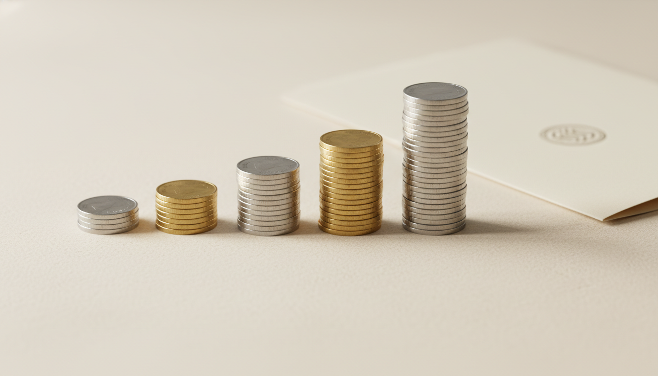 Second Residency Upfront Cost Comparison 2026 Coin stacks at different heights representing the varying upfront capital required for second residency programs in 2026